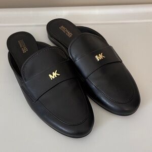 Michael Kors‎ Black Slides Mule Slip On Flat Loafer Metal Logo Clog size 7